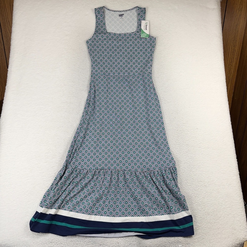 Lands End Sleeveless Maxi Dress Geometric Print Tiered Ruffle Trim XS NWT Tencel